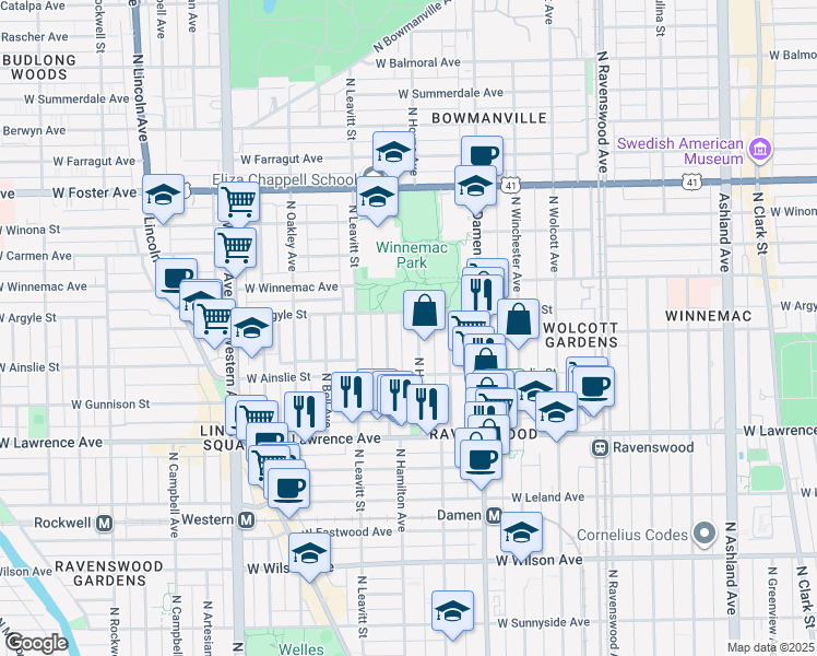 map of restaurants, bars, coffee shops, grocery stores, and more near 4931 North Hamilton Avenue in Chicago