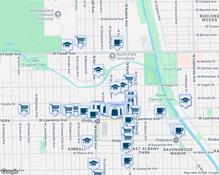 map of restaurants, bars, coffee shops, grocery stores, and more near 4934 North Spaulding Avenue in Chicago