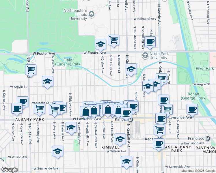 map of restaurants, bars, coffee shops, grocery stores, and more near 4941 North Drake Avenue in Chicago