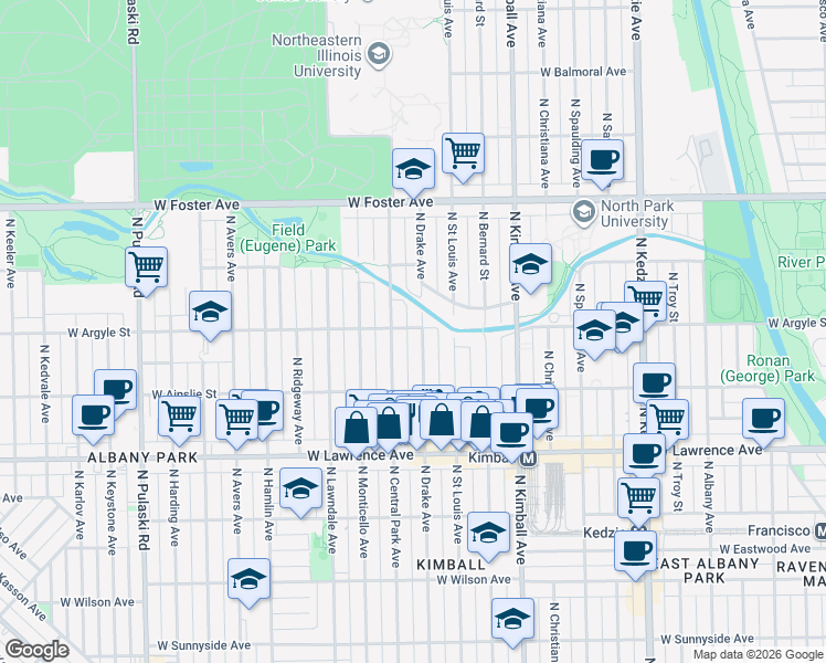 map of restaurants, bars, coffee shops, grocery stores, and more near 4941 North Drake Avenue in Chicago