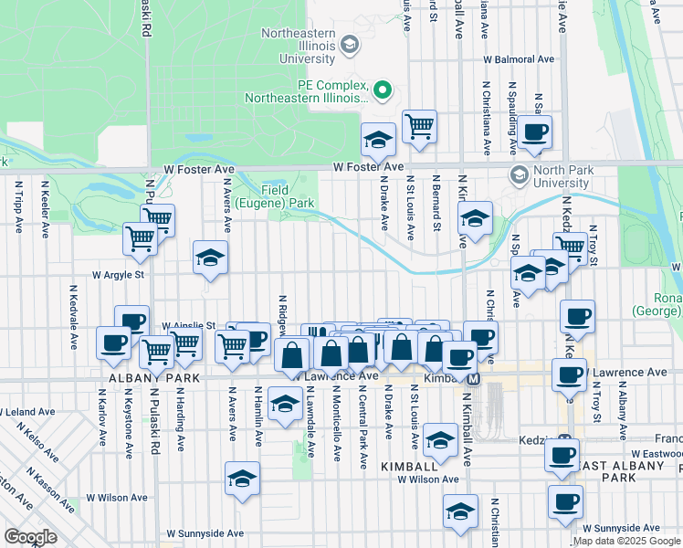 map of restaurants, bars, coffee shops, grocery stores, and more near 4942 North Central Park Avenue in Chicago