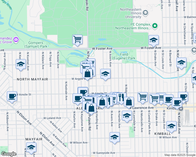 map of restaurants, bars, coffee shops, grocery stores, and more near 4930 North Springfield Avenue in Chicago