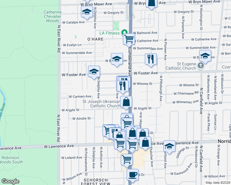 map of restaurants, bars, coffee shops, grocery stores, and more near 8501 West Carmen Avenue in Chicago