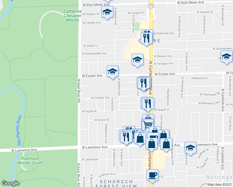 map of restaurants, bars, coffee shops, grocery stores, and more near 5044 North Delphia Avenue in Chicago