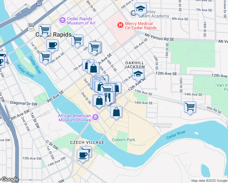 map of restaurants, bars, coffee shops, grocery stores, and more near 1120 Depot Lane Southeast in Cedar Rapids