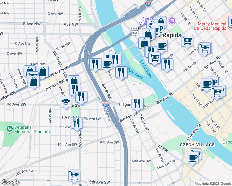 map of restaurants, bars, coffee shops, grocery stores, and more near 517 3rd Street Southwest in Cedar Rapids