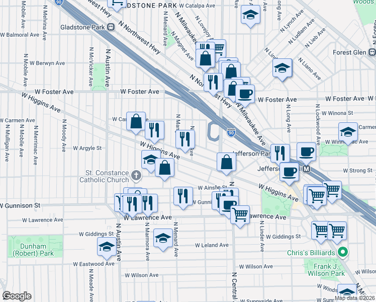 map of restaurants, bars, coffee shops, grocery stores, and more near 5712 West Higgins Avenue in Chicago