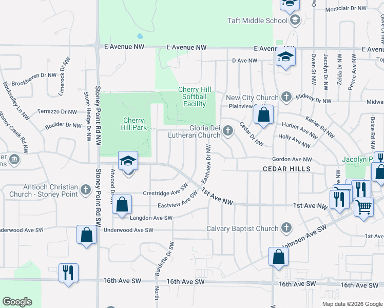 map of restaurants, bars, coffee shops, grocery stores, and more near 145 Westview Drive Northwest in Cedar Rapids