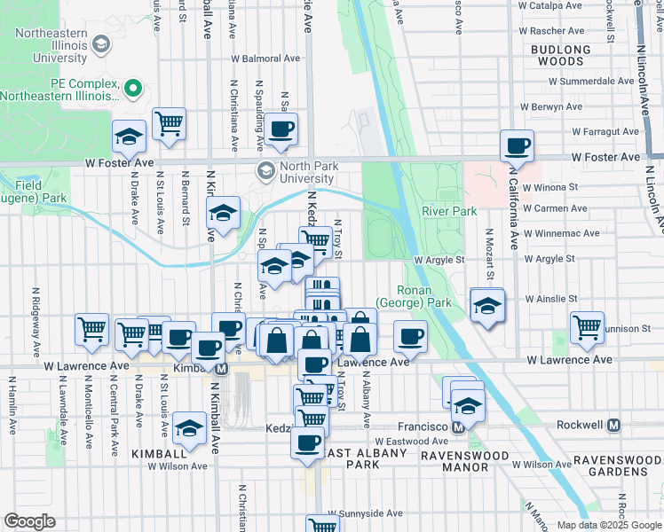 map of restaurants, bars, coffee shops, grocery stores, and more near 3141 West Argyle Street in Chicago