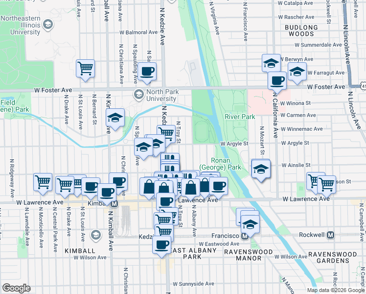 map of restaurants, bars, coffee shops, grocery stores, and more near 4957 North Troy Street in Chicago