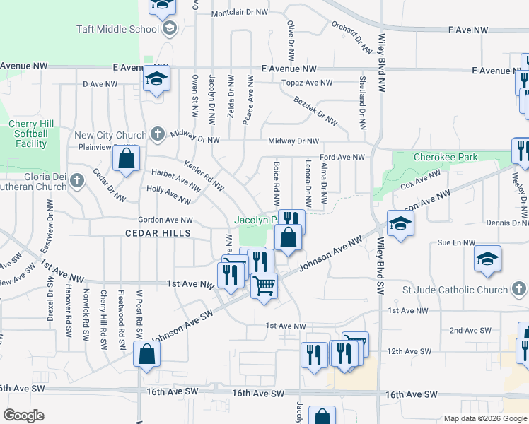 map of restaurants, bars, coffee shops, grocery stores, and more near 188 Jacolyn Drive Northwest in Cedar Rapids