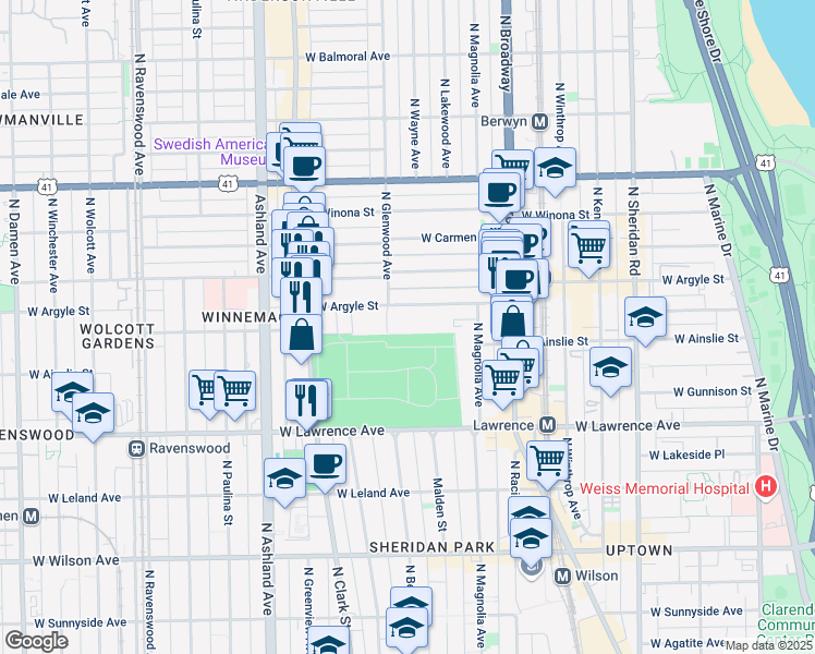 map of restaurants, bars, coffee shops, grocery stores, and more near 4901 North Glenwood Avenue in Chicago