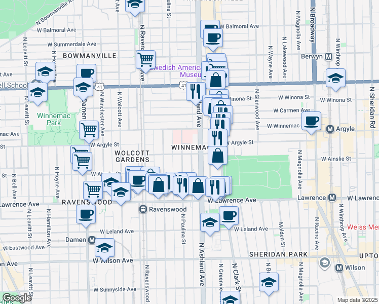map of restaurants, bars, coffee shops, grocery stores, and more near 1618 West Ainslie Street in Chicago