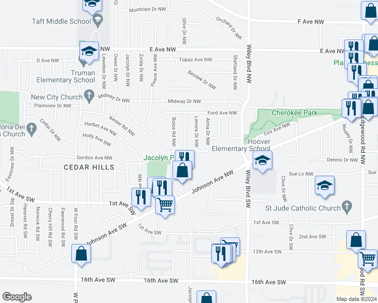 map of restaurants, bars, coffee shops, grocery stores, and more near 221 Drinkward Street Northwest in Cedar Rapids