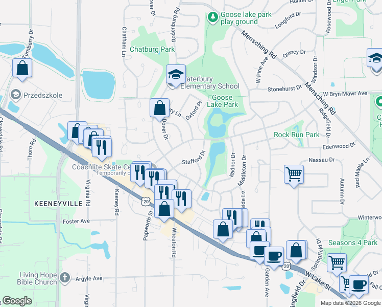 map of restaurants, bars, coffee shops, grocery stores, and more near 621 Stafford Drive in Roselle