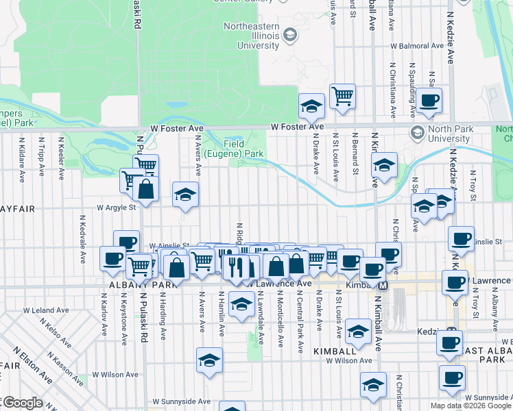 map of restaurants, bars, coffee shops, grocery stores, and more near 3705 West Argyle Street in Chicago