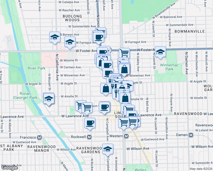 map of restaurants, bars, coffee shops, grocery stores, and more near 2517 West Argyle Street in Chicago