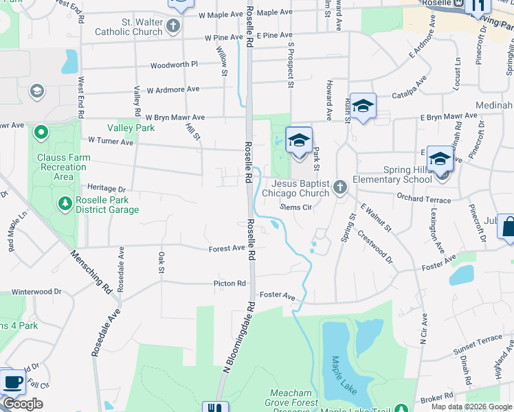 map of restaurants, bars, coffee shops, grocery stores, and more near 649 Walnut Oaks Drive in Roselle