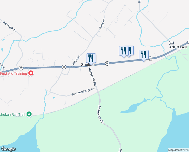 map of restaurants, bars, coffee shops, grocery stores, and more near 39 Reservoir Road in Shokan