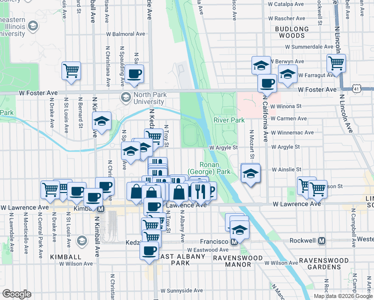 map of restaurants, bars, coffee shops, grocery stores, and more near 3051 West Argyle Street in Chicago