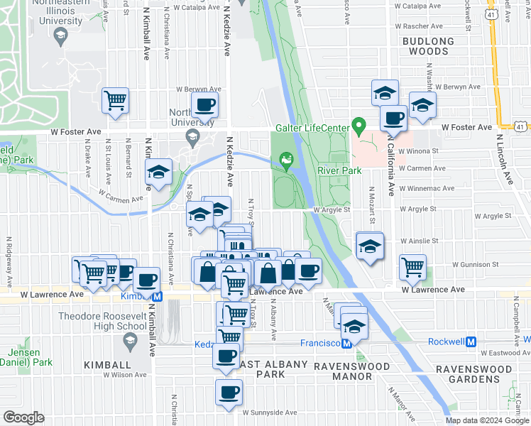 map of restaurants, bars, coffee shops, grocery stores, and more near 3105 West Argyle Street in Chicago