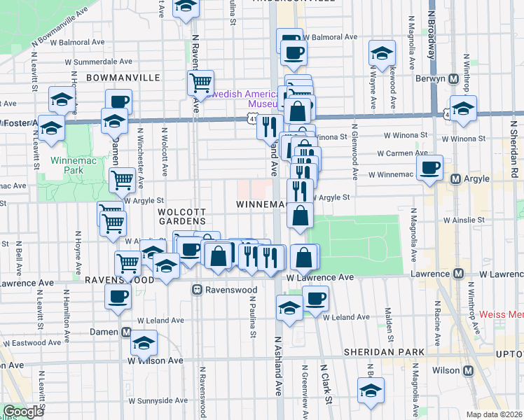 map of restaurants, bars, coffee shops, grocery stores, and more near 4891 North Paulina Street in Chicago