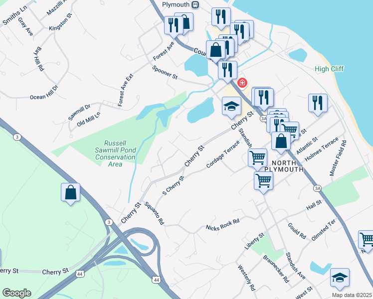map of restaurants, bars, coffee shops, grocery stores, and more near 62 South Cherry Street in Plymouth