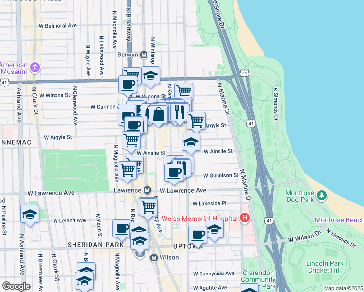 map of restaurants, bars, coffee shops, grocery stores, and more near 1111 West Ainslie Street in Chicago