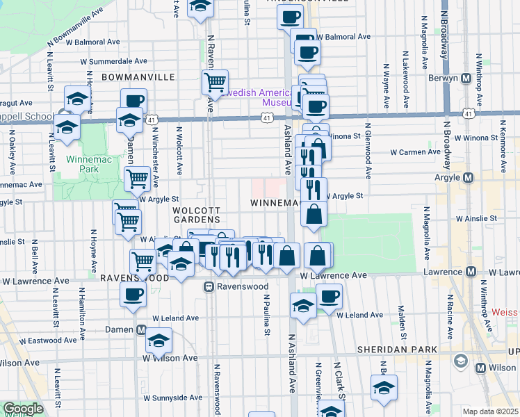 map of restaurants, bars, coffee shops, grocery stores, and more near 4891 North Hermitage Avenue in Chicago