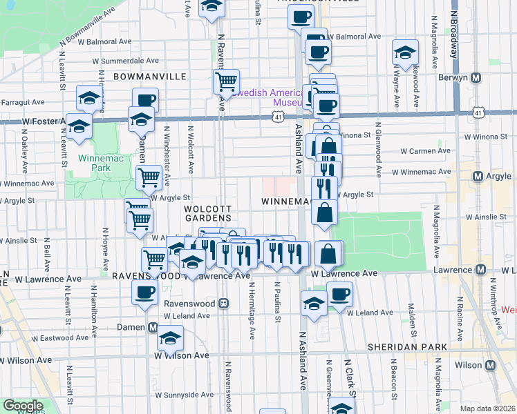 map of restaurants, bars, coffee shops, grocery stores, and more near 4891 North Hermitage Avenue in Chicago
