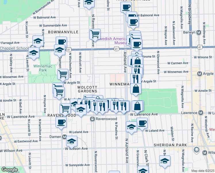 map of restaurants, bars, coffee shops, grocery stores, and more near 4891 North Hermitage Avenue in Chicago