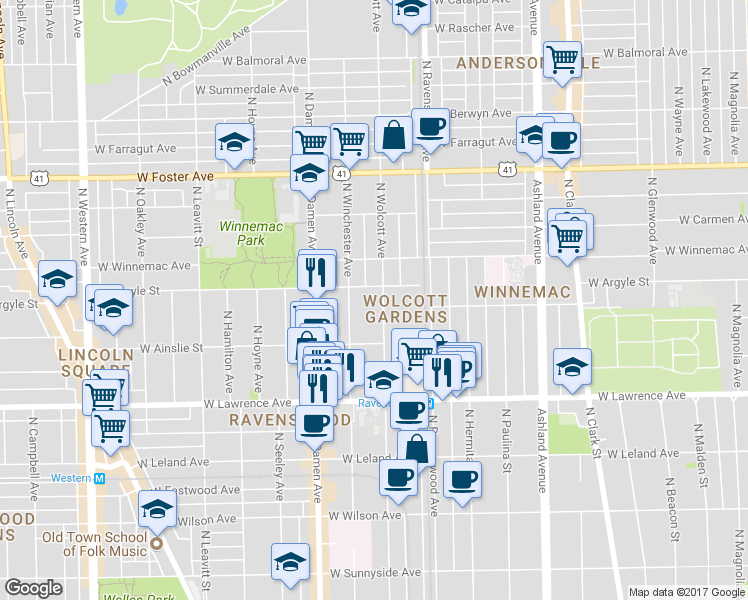 map of restaurants, bars, coffee shops, grocery stores, and more near 4926 North Wolcott Avenue in Chicago