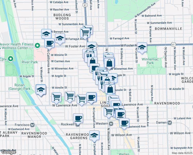 map of restaurants, bars, coffee shops, grocery stores, and more near 2517 West Argyle Street in Chicago