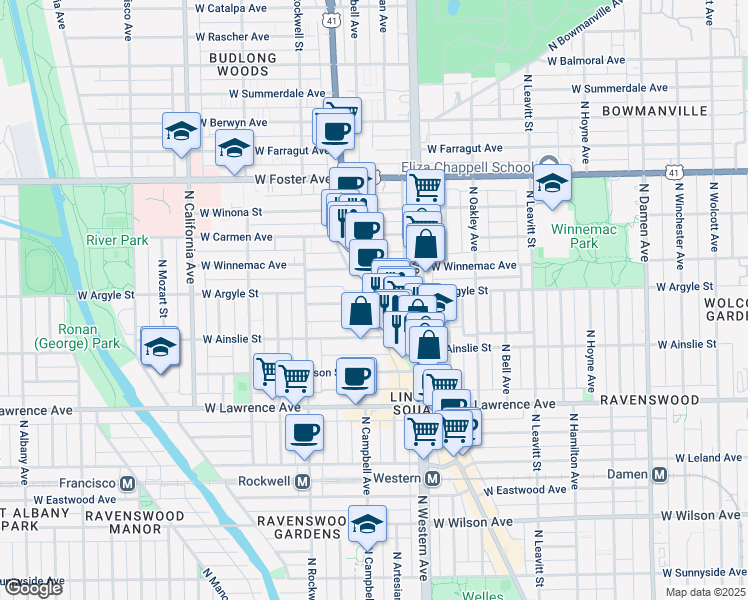 map of restaurants, bars, coffee shops, grocery stores, and more near 2517 West Argyle Street in Chicago