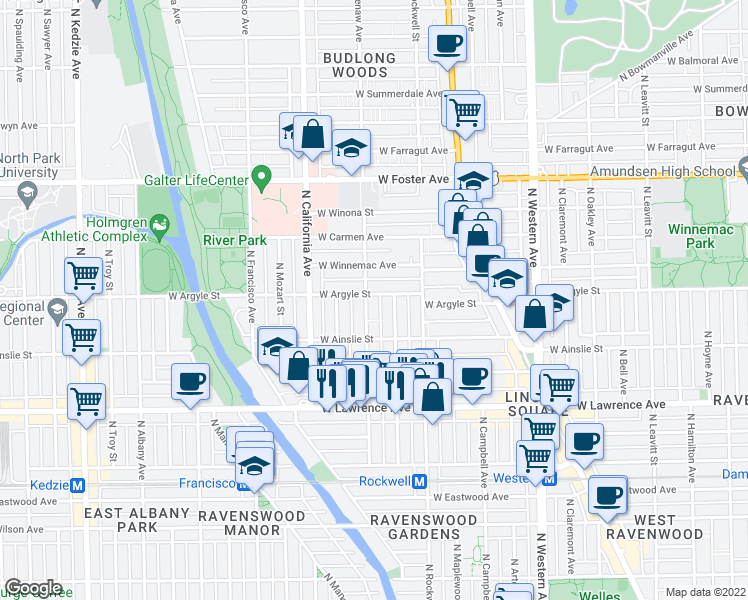 map of restaurants, bars, coffee shops, grocery stores, and more near 4925 North Washtenaw Avenue in Chicago