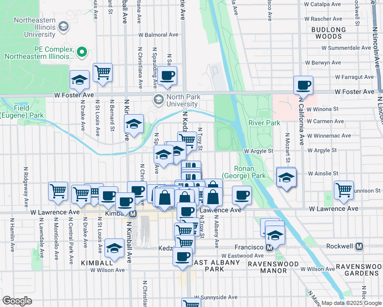 map of restaurants, bars, coffee shops, grocery stores, and more near 4941 North Kedzie Avenue in Chicago