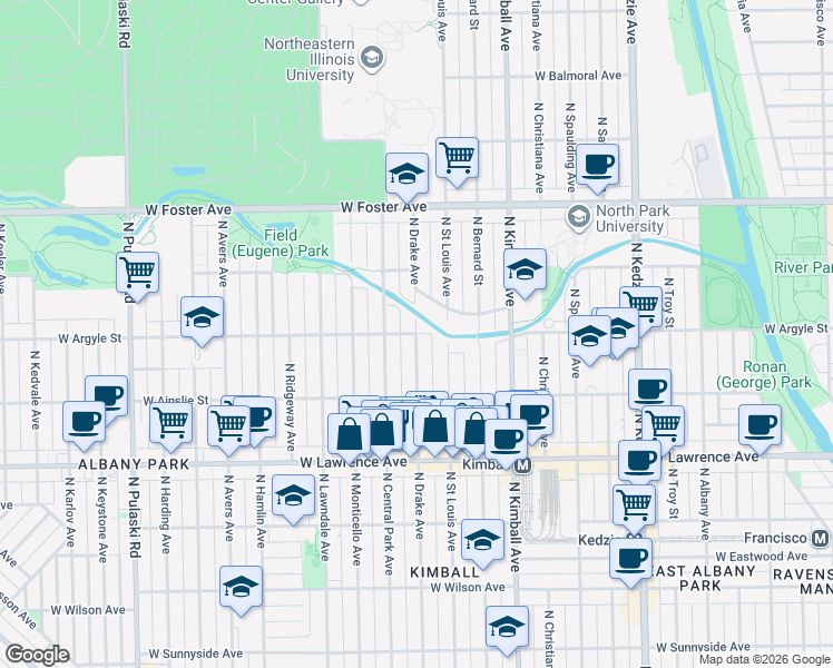 map of restaurants, bars, coffee shops, grocery stores, and more near W Argyle St & N Drake Ave in Chicago