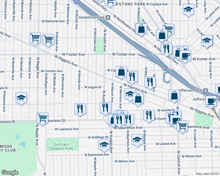 map of restaurants, bars, coffee shops, grocery stores, and more near 4939 North Mason Avenue in Chicago