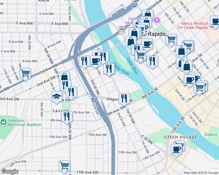map of restaurants, bars, coffee shops, grocery stores, and more near 116 6th Avenue Southwest in Cedar Rapids