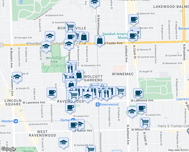 map of restaurants, bars, coffee shops, grocery stores, and more near 1809 West Argyle Street in Chicago