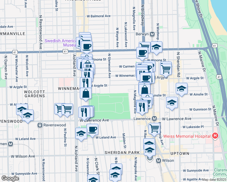 map of restaurants, bars, coffee shops, grocery stores, and more near 4901 North Glenwood Avenue in Chicago