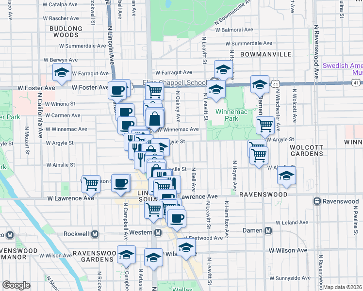 map of restaurants, bars, coffee shops, grocery stores, and more near 4951 North Oakley Avenue in Chicago