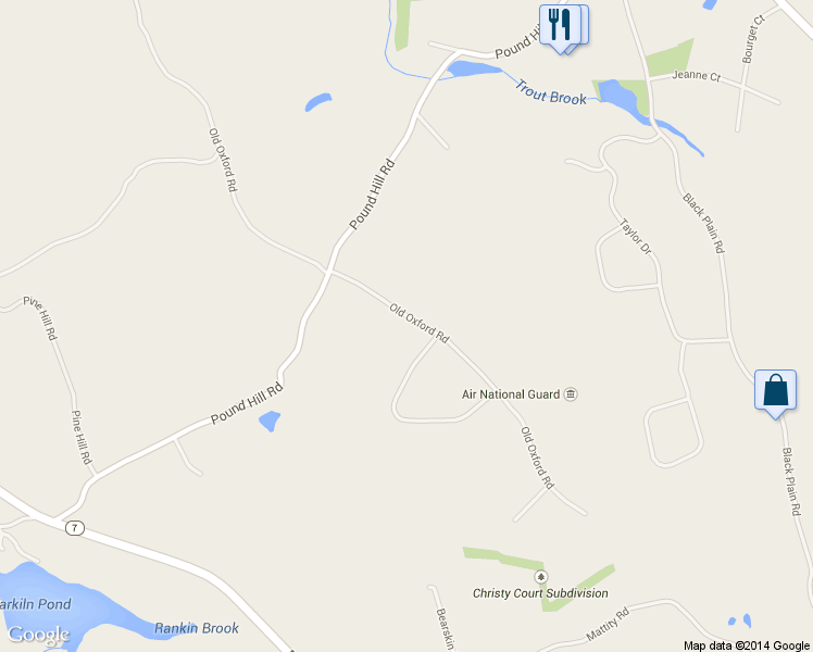 map of restaurants, bars, coffee shops, grocery stores, and more near 233 Old Oxford Road in North Smithfield