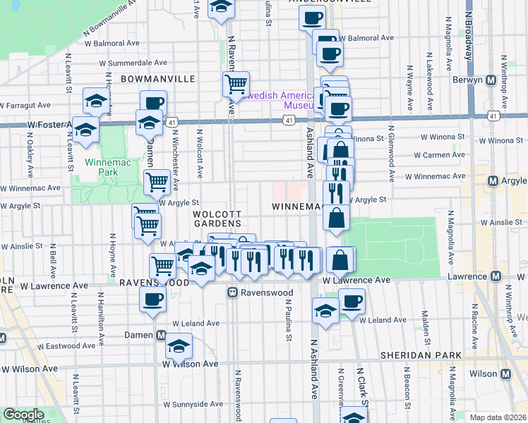 map of restaurants, bars, coffee shops, grocery stores, and more near 4891 North Hermitage Avenue in Chicago