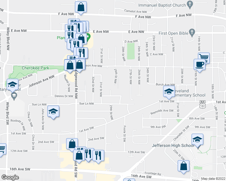 map of restaurants, bars, coffee shops, grocery stores, and more near 135 Jacob Court Northwest in Cedar Rapids