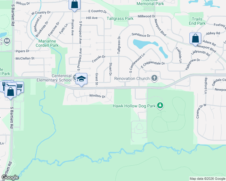 map of restaurants, bars, coffee shops, grocery stores, and more near 329 Windsor Drive in Bartlett