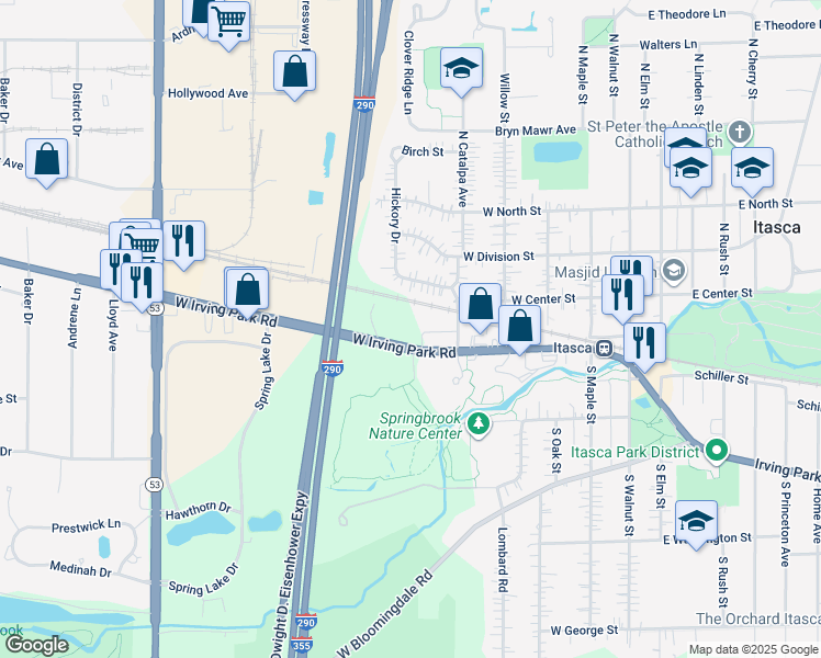 map of restaurants, bars, coffee shops, grocery stores, and more near in Itasca