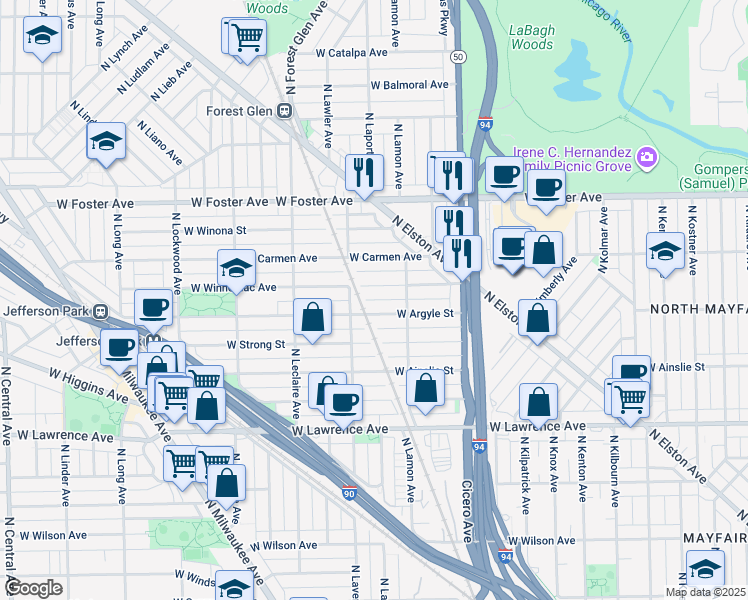 map of restaurants, bars, coffee shops, grocery stores, and more near in Chicago