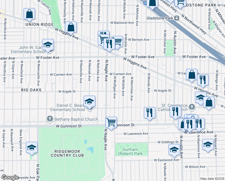 map of restaurants, bars, coffee shops, grocery stores, and more near 4945 North Nagle Avenue in Chicago