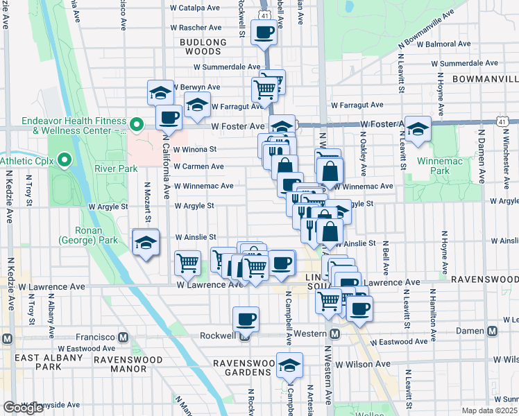 map of restaurants, bars, coffee shops, grocery stores, and more near 2562 West Argyle Street in Chicago